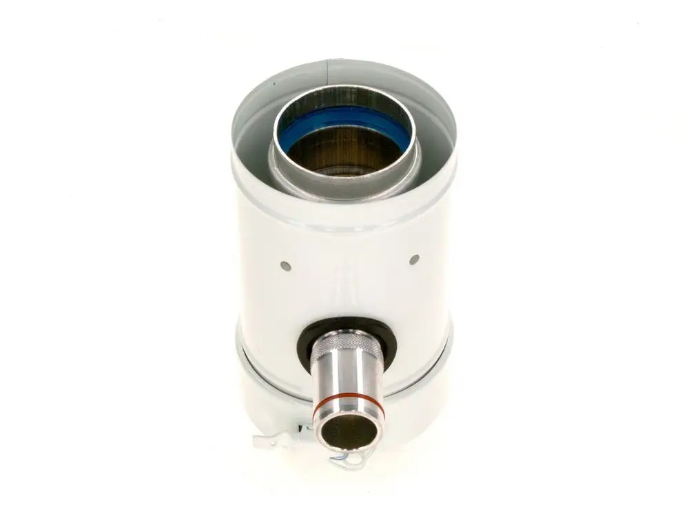 Kondensatablaufsystem von Bosch, zylindrische Form mit Anschlussstutzen, metallisch glänzend, für den Einsatz bei Heizungsanlagen konzipiert.